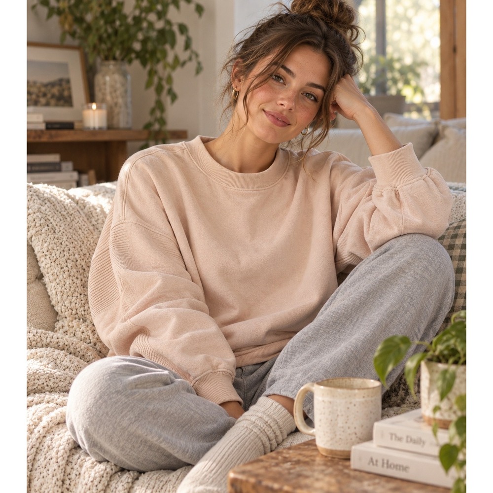 Aerie Sweatshirt Womens M Peach Waffle Knit Sleeve Minimalist Relaxed Lounge